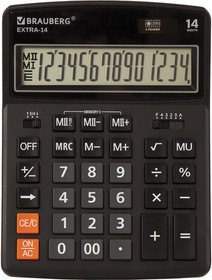 Фото 1/10 Калькулятор настольный BRAUBERG EXTRA-14-BK (206x155 мм), 14 разрядов, двойное питание, ЧЕРНЫЙ, 250474