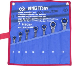 12107MRN01, KING TONY Набор комбинированных трещоточных ключей, 8-19 мм, чехол из теторона, 7 предметов