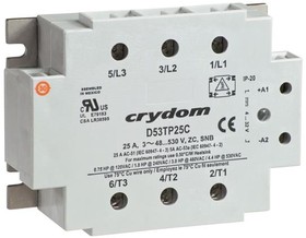 D53TP25DH, Solid State Relays - Industrial Mount SSR Relay, 3-Phase, Panel Mount, IP00, 530VAC/25A, 4-32VDC In, Zero Cross, TP