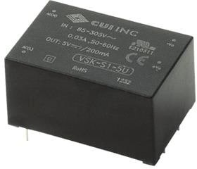 VSK-S1-5U, AC/DC Power Supply - 1 Output - Encapsulated - PCB Mount - 5V@0.2A - 1W