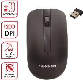 Фото 1/10 Мышь беспроводная SONNEN M-3032, USB, 1200 dpi, 2 кнопки + 1 колесо-кнопка, оптическая, черная, 512640