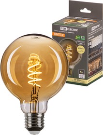 Фото 1/4 Лампа светодиодная «Винтаж» золотистая G95 (со спиралью), 4 Вт, 230 В, 2700 К, E27 (шар) TDM