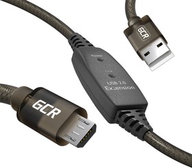 Фото 1/3 GCR-53813, GCR Кабель активный 10.0m USB 2.0, AM/microB, черно-прозрачный, с усилителем сигнала, разъём для доп.питания, 28/24 AWG