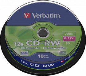 Фото 1/3 Диск CD-RW Verbatim 700Mb 12x Cake Box (10шт) (43480)