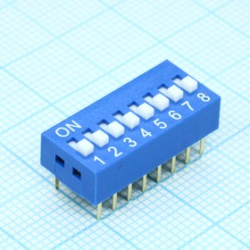 DS-08BBU-G, DIP переключатель 8 групп синий монтаж в отверстие шаг 2.54мм 0.025А 24В с выступающим движком, Switronic | купить в розницу и оптом