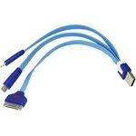 18-4255, Кабель USB 3в1 Lightning, 30pin, micro USB, 1А, 0,15м, ПВХ, синий ...