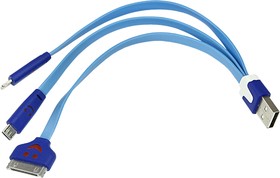 Фото 1/2 18-4255, Кабель USB 3в1 Lightning, 30pin, micro USB, 1А, 0,15м, ПВХ, синий, плоский, светящиеся разъемы REXAN