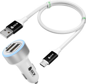 GCR-52977, GCR Комплект автомобильное зарядное устройство на 2 USB порта 4.8A, белый, LED индикация + кабель 1.