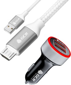 GCR-53516, GCR Комплект автомобильное зарядное устройство на 2 USB порта 4.8A, черный, LED индикация + кабель 1