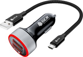 GCR-53595, GCR Комплект автомобильное зарядное устройство на 2 USB порта 4.8A, черный, LED индикация + кабель 0