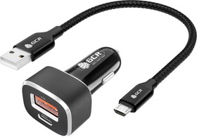 GCR-53592, GCR Комплект автомобильное зарядное устройство на 2 USB порта QC3.0 + PD18W [TypeA + TypeC] + кабель