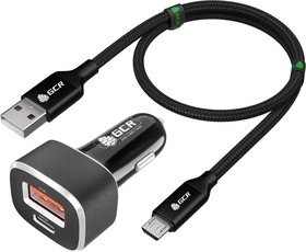 GCR-53587, GCR Комплект автомобильное зарядное устройство на 2 USB порта QC3.0 + PD18W [TypeA + TypeC] + кабель
