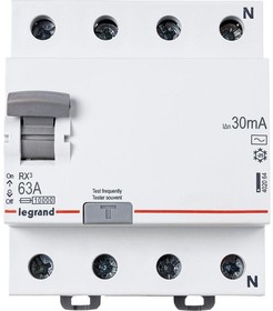 Фото 1/10 Выключатель дифференциального тока (УЗО) 4п 63А 30мА тип AC RX3 Leg 402064