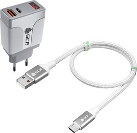 GCR-52966, GCR Комплект сетевое зарядное устройство на 2 USB порта (QC 3.0 + PD 3.0 ), белый + кабель 1.0m Mic