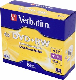 Фото 1/5 Диск DVD+RW Verbatim 4.7Gb 4x Jewel case (5шт) (43229)