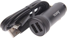 Z49 black, Устройство зарядное в прикуриватель 2USB 12V кабель iPhone (5-) HOCO