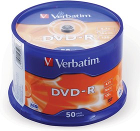 Фото 1/9 Диски DVD-R VERBATIM 4,7 Gb 16x Cake Box (упаковка на шпиле), КОМПЛЕКТ 50 шт., 43548