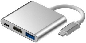 Фото 1/2 ORIENT Кабель-адаптер C028, USB3.1 Type-C (DisplayPort Alt mode) -  HDMI+USB 3.0+PD(Type-C), 4K@30Hz, 0.15 метра, серебристый (31062)