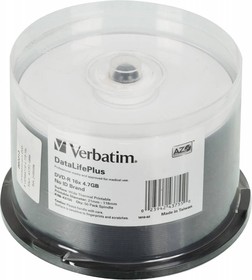Фото 1/2 Оптический диск DVD-R Verbatim 4.7ГБ 16x, 50шт., 43755, cake box, printable