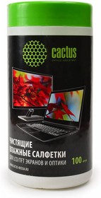 Фото 1/5 Салфетки Cactus CS-T1001 для экранов и оптики туба 100шт влажных