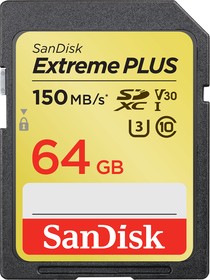Фото 1/6 Карта памяти Sandisk Extreme PLUS SDXC Class 10 UHS-I V30 U3 150/60 MB/s 64GB SDSDXW6-064G-GNCIN