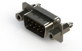 627-009-220-047, Metal Body D-Sub Plug - 9 Contacts - PC Pin - #4-40 Standoff w/Boardlocks - Nickel Shell - -55°C to +85°C