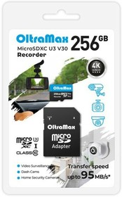 OM256GCSDXC10-U3-V30, Карта памяти 256GB MicroSD class 10 + SD адаптер OLTRAMAX