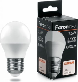 Фото 1/2 38074, Лампа светодиодная LED 7.5вт Е27 теплый матовый шар Feron.PRO