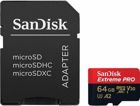 Фото 1/4 Карта памяти 64Gb MicroSD SanDisk Extreme Pro + SD адаптер (SDSQXCY-064G-GN6MA)