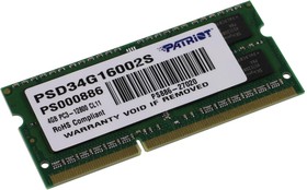 Фото 1/2 Модуль памяти Patriot DDR3 SO-DIMM 4Gb 1600МГц CL11 (PSD34G16002S)
