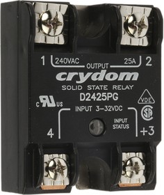 Фото 1/6 D2425PG, Sensata Crydom 1 Series Solid State Relay, 25 A Load, Panel Mount, 280 V rms Load, 32 V Control
