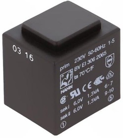 Фото 1/2 BV EI 306 2065, (2.6W 2x6V 2x217mA 230V), Трансформатор питания 2.6ВА 230В 2x6В 2x217мА ta 70 C/F (EI 30/23)33.8мм