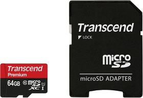 Фото 1/3 Карта памяти Transcend Premium microSDXC 64Gb UHS-I Cl10 +ад, TS64GUSDU1
