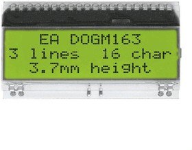 Фото 1/4 EA DOGM163E-A, Дисплей ЖКД, алфавитно-цифровой, STN Positive, 16x3, 55x27,94мм