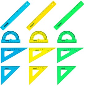 Фото 1/10 Набор чертежный малый ПИФАГОР (линейка 16 см, 2 треугольника, транспортир), неоновый, европодвес, 210625