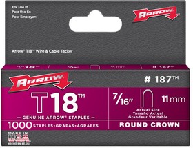 T18S-716, 11mm T18 #187 Round Crown Staples, 1000 Pack