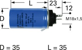 Electrolytic capacitor, 100 µF, 450 V (DC), -10/+30 %, can, Ø 35 mm