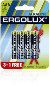 Фото 1/2 Ergolux Alkaline LR03 BL 3+1(FREE) (LR03 BL3+1, батарейка,1.5В) (4шт. в уп-ке)