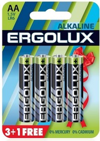 Фото 1/2 Ergolux Alkaline LR6 BL 3+1(FREE) (LR6 BL3+1, батарейка,1.5В) (4 шт. в уп-ке)