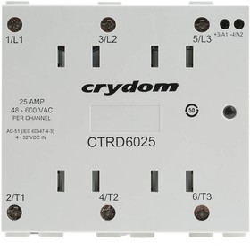 Фото 1/6 CTRD6025, Sensata Crydom CTR Series Solid State Relay, 25 A rms Load, DIN Rail Mount, 600 V rms Load, 32 V dc Control