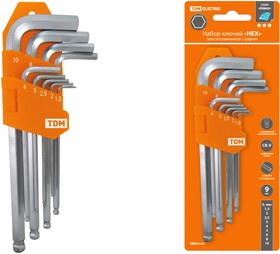 Набор ключей "HEX" 9 шт.: 1.5-10 мм, длинные с шаром, (держатель в блистере), CR-V сталь "Алмаз" TDM