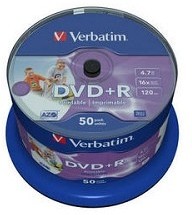 Фото 1/4 Verbatim Диски DVD+R 4.7Gb 16-х, Wide Photo InkJet Printable, 50 шт, Cake Box (43512 )