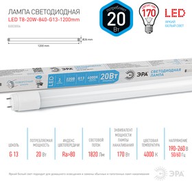Лампа светодиодная ЭРА STD LED T8-20W-840-G13-1200mm G13 20 Вт поворотный трубка стекло нейтральный белый свет Б0062407