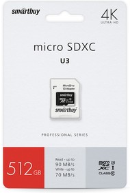 Фото 1/6 micro SDXC карта памяти Smartbuy 512GB Class10 PRO U3 R/W:90/70 MB/s (с адаптером SD)