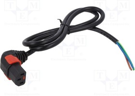 IEC-PC2056, Cable; IEC C13 female 90°,wires; PVC; 1m; with IEC LOCK locking