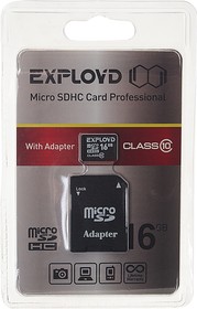 Фото 1/2 EX016GCSDHC10-AD, Карта памяти 16GB MicroSD class 10 + SD адаптер EXPLOYD