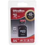 OM064GCSDXC10UHS-1-ElU1, Карта памяти 64GB MicroSD class 10 + SD адаптер OLTRAMAX