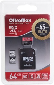 OM064GCSDXC10UHS-1-ElU1, Карта памяти 64GB MicroSD class 10 + SD адаптер OLTRAMAX