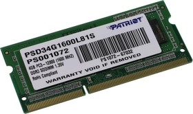 Фото 1/4 Модуль памяти Patriot SO-DIMM DDR3L 4GB 1600MHz CL11 1.35V (PSD34G1600L81S)