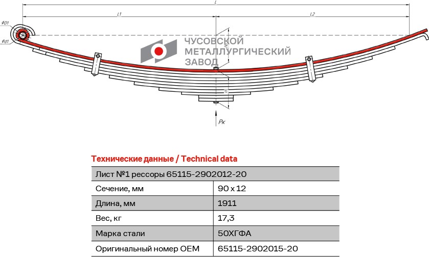 Лист № 1 передней рессоры Камаз 65115 (11лист.) с вит. Ушком